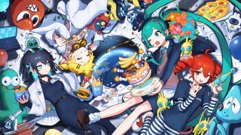 1boy 3girls absurdres ahoge alien balloon banana belt birthday_cake black_hair black_shirt black_shoes blonde_hair bouquet breasts brown_shoes burger cake candle card choker closed_eyes closed_mouth collared_shirt colored_inner_hair commentary_request computer confetti creature cuffs dice drill_hair earth_(planet) energy_gun flower food fork french_fries fruit goggles goggles_around_neck green_eyes green_hair hair_ornament hairclip hat hatsune_miku highres holding holding_food holding_fork holding_plate jacket jumpsuit kagamine_len kasane_teto lab_coat laptop loafers microscope miyamai_moca multicolored_hair multiple_girls one_eye_closed open_mouth party_hat pen pizza planet plate playing_card poker_chip ray_gun red_eyes red_hair sash screw shackles shirt shoes short_hair shoulder_sash small_breasts smile sneakers socks space striped_clothes striped_shirt sweatdrop sweater_vest synthesizer_v test_tube top_hat twin_drills twintails utau vocaloid wawasuke weapon white_jacket white_shoes white_socks wrench zero_gravity