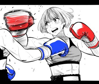Rule 34 | 2girls, abs, blue gloves, bob cut, boxing, boxing gloves, boxing shorts, breasts, commentary request, flying sweatdrops, gloves, greyscale, hatching (texture), highres, lee (dragon garou), letterboxed, linear hatching, medium breasts, monochrome, motion lines, mouth guard, multiple girls, open mouth, original, punching, short hair, shorts, sports bra, spot color, sweat, toned, toned female, very sweaty
