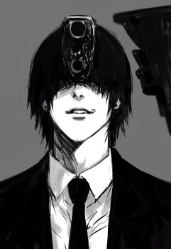 1boy chainsaw_man collared_shirt earrings facing_viewer grey_background greyscale gun_devil_(chainsaw_man) hayakawa_aki highres jacket jewelry male_focus monochrome necktie shirt short_hair simple_background solo sso_s suit_jacket teeth transformation