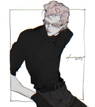Rule 34 | 1boy, belt, black belt, black pants, black shirt, blonde hair, closed eyes, closed mouth, commentary, cowboy shot, dadadadadaist, final fantasy, final fantasy xv, hand in pocket, highres, ignis scientia, inset border, male focus, pants, scar, scar across eye, scar on face, shirt, short hair, signature, solo, unfinished, untranslatable commentary