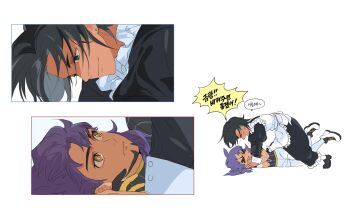 Rule 34 | > <, 2boys, :d, alternate costume, black dress, black hair, black shoes, bright pupils, ch walnut, closed mouth, commentary request, crossdressing, crossdressing (mtf), dress, facial hair, from side, highres, korean commentary, korean text, leggings, leon (pokemon), long sleeves, male focus, multiple boys, multiple views, nintendo, open mouth, pokemon, pokemon swsh, purple hair, raihan (pokemon), shirt, shoes, shorts, smile, speech bubble, translation request, white pupils, white shoes, yellow eyes