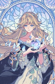1girl :| absurdres ball bare_shoulders beryl_bouanich black_cloak blue_eyes brown_hair cloak closed_mouth collarbone crescent crescent_earrings crystal crystal_ball crystal_earrings dragonfly_hair_ornament dress earrings floating_earrings floating_hair hands_up highres holding holding_ball jewelry long_hair looking_at_viewer mismatched_earrings moriila reverse:1999 solo stained_glass upper_body very_long_hair white_dress