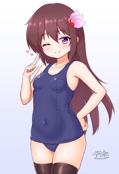 1girl blue_background blush breasts brown_hair collarbone commentary_request gradient_background hair_ornament highres kantai_collection kisaragi_(kancolle) long_hair looking_at_viewer one-hour_drawing_challenge one_eye_closed purple_eyes school_swimsuit signature small_breasts smile solo swimsuit thighhighs zanne