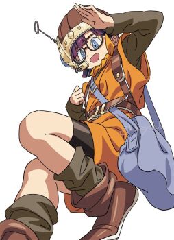 1girl artist_name asymmetrical_bangs belt bike_shorts blue_bag blue_eyes blunt_bangs boots brown_boots chrono_trigger eyelashes glasses hosodayo leg_warmers lucca_ashtear open_mouth purple_hair simple_background smile solo twitter_username watermark white_background