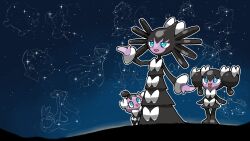 ahoge arcanine black_hair blacknirrow blue_eyes bow bright_pupils closed_mouth commentary constellation dartrix double_bun english_commentary evolutionary_line gardevoir gen_1_pokemon gen_3_pokemon gen_4_pokemon gen_5_pokemon gen_6_pokemon gen_7_pokemon gen_8_pokemon gogoat gothita gothitelle gothorita hair_bun hand_up highres kyogre legendary_pokemon looking_up milotic night night_sky nintendo no_humans open_mouth outdoors pokemon pokemon_(creature) skorupi sky smile standing star_(sky) stargazing tauros vanilluxe white_bow white_pupils wooloo zygarde zygarde_(50%)