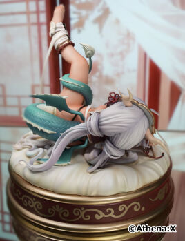 1girl aqua_shoes bad_source bikini bikini_top_only black_nails blush breasts dark-skinned_female dark_skin detached_sleeves dragon_girl dragon_horns dragon_tail dragon_wings feet figure_(medium) food from_behind fruit highres horns leg_up loli long_hair looking_at_viewer lying mandarin_orange micro_bikini mini_wings nail_polish navel on_side original photo_(medium) red_bikini revealing_clothes shoes single_shoe small_breasts soles solo spread_legs swimsuit tail toenail_polish toenails toes trente unworn_shoes white_hair wings