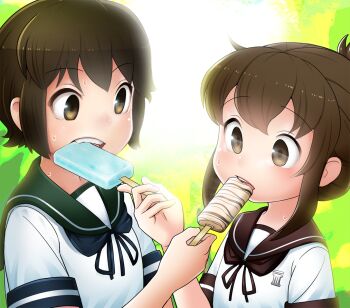 2girls alternate_costume blue_neckerchief blue_sailor_collar brown_eyes brown_hair brown_neckerchief brown_sailor_collar commentary_request eating folded_ponytail food highres inazuma_(kancolle) kantai_collection miyuki_(kancolle) mizoki_kei multiple_girls neckerchief popsicle sailor_collar school_uniform serafuku sharing sharing_food short_hair upper_body