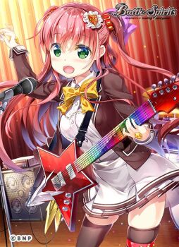 Rule 34 | 1girl, amplifier, battle spirits, blazer, bow, bowtie, brown jacket, brown thighhighs, brown trim, copyright logo, copyright name, copyright notice, fujima takuya, green eyes, guitar, hair ornament, hair ribbon, hand jewel, holding, holding guitar, holding instrument, holding plectrum, instrument, jacket, logo, long hair, long sleeves, microphone stand, noa fleur, official art, open clothes, open jacket, open mouth, pink ribbon, plectrum, red hair, ribbon, school uniform, shirt, skirt, solo, thigh strap, thighhighs, two side up, white shirt, white skirt, yellow bow, yellow bowtie