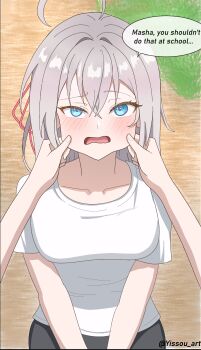 absurdres alisa_mikhailovna_kujou cheek_pinching from_above highres mariya_mikhailovna_kujou outdoors pinching pov pov_hands school self-upload shirt siblings sisters tokidoki_bosotto_roshia-go_de_dereru_tonari_no_alya-san twitter_username white_shirt yissou_art