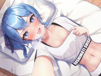 1girl :d blue_eyes blue_hair blush breasts character_name cleavage clothes_pull commentary_request cropped_shirt from_above hair_between_eyes hair_ribbon head_on_pillow heart heart-shaped_pupils heavy_breathing hololive hololive_dance_practice_uniform hoshimachi_suisei in_heat indoors long_hair looking_at_viewer lying midriff navel official_alternate_costume on_back on_bed open_mouth pillow pulling_own_clothes ribbon shachihoko_(syatihokomaru) shirt shirt_pull short_sleeves side_ponytail small_breasts smile solo symbol-shaped_pupils teasing virtual_youtuber white_shirt