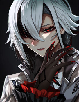 1girl arlecchino_(genshin_impact) black_eyes black_hair black_hands blood blood_on_hands coat colored_extremities genshin_impact highres multicolored_hair red_pupils simple_background solo streaked_hair symbol-shaped_pupils two-tone_hair upper_body white_hair x-shaped_pupils