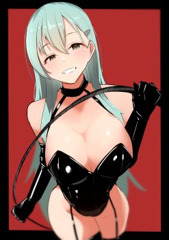 1girl absurdres aqua_hair black_gloves black_leotard black_thighhighs bondage_outfit breasts dominatrix elbow_gloves garter_straps gloves green_eyes grin hair_ornament hairclip highres holding holding_whip kantai_collection katsuten large_breasts latex latex_gloves latex_leotard latex_thighhighs leotard long_hair looking_at_viewer shiny_clothes smile solo suzuya_(kancolle) thighhighs very_long_hair