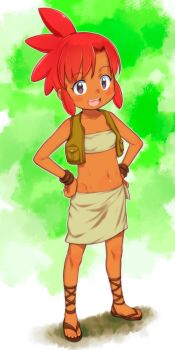 1girl :d bandeau breasts commentary_request commission dark-skinned_female dark_skin full_body grey_bandeau grey_skirt hands_on_own_hips highres loli looking_at_viewer navel open_mouth pipi_(survival) purple_eyes red_hair sandals skeb_commission skirt small_breasts smile solo standing survival_(manhwa) survival_series teeth teruki_kuma toes upper_teeth_only