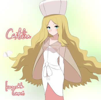 1girl absurdres aqua_eyes blonde_hair blush caitlin_(pokemon) cape character_name closed_mouth commentary_request dress eyelashes green_background hat highres kamishita_tomori long_hair looking_at_viewer nintendo parted_bangs pokemon pokemon_bw see-through_cape sidelocks signature solo