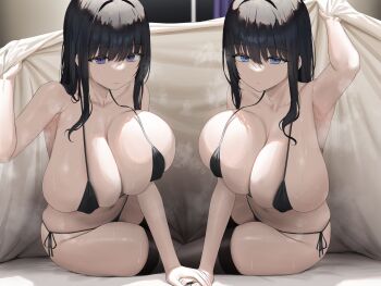2girls absurdres arm_up armpits bare_shoulders bed_sheet bikini black_bikini black_hair black_thighhighs blanket blue_eyes breasts cleavage closed_mouth collarbone covered_erect_nipples curtains expressionless highres holding_hands huge_breasts indoors large_breasts long_hair looking_at_viewer micro_bikini multiple_girls navel oekakizuki on_bed original purple_eyes side-tie_bikini_bottom side-tie_clothing side-tie_swimsuit sidelocks sitting skindentation steam steaming_body string_bikini sweat swimsuit thighhighs thighs under_covers veins wet window