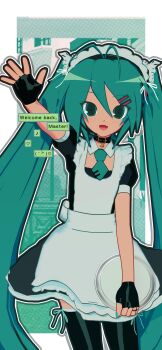 1girl 3d :d absurdres alternate_costume animasa_model_(mikumikudance) antenna_hair apron aqua_eyes aqua_hair aqua_necktie black_dress black_gloves black_thighhighs border cowboy_shot dress emoticon english_text enmaided fingerless_gloves gloves hair_between_eyes hair_ornament hatsune_miku highres holding holding_tray kaomoji kio_(majin_kz) long_hair looking_at_viewer maid maid_headdress mikumikudance_(medium) necktie open_mouth smile thighhighs tray twintails variant_set vocaloid waving white_apron white_border zettai_ryouiki