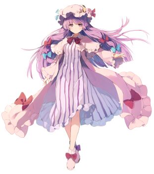 Rule 34 | 1girl, blue bow, boots, bow, breasts, capelet, commentary, crescent, crescent hat ornament, dress, eirudi, footwear bow, full body, hair bow, hat, hat ornament, highres, long hair, long sleeves, looking at viewer, mob cap, multiple hair bows, patchouli knowledge, pink boots, pink capelet, pink dress, purple eyes, purple hair, red bow, simple background, small breasts, solo, striped clothes, striped dress, touhou, vertical-striped clothes, vertical-striped dress, very long hair, white background, wide sleeves