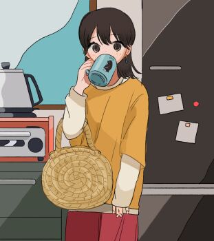 1girl bag brown_eyes brown_hair coffee_mug coffee_pot commentary cowboy_shot cup drink earrings hand_up handbag highres holding holding_drink jewelry layered_sleeves long_sleeves looking_at_viewer maple_(abc2215) medium_hair mug original red_skirt refrigerator shirt short_over_long_sleeves short_sleeves skirt sleeves_past_wrists white_shirt yellow_shirt