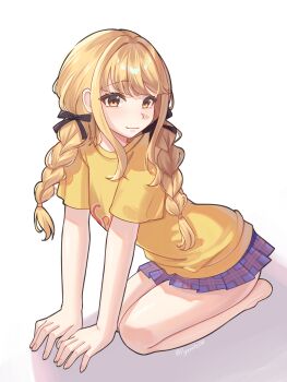 1girl absurdres barefoot black_ribbon blonde_hair blush braid closed_mouth commentary fujita_kotone gakuen_idolmaster hair_ribbon highres idolmaster long_hair looking_at_viewer purple_skirt ribbon ryyr7242 simple_background skirt solo twin_braids white_background yellow_eyes