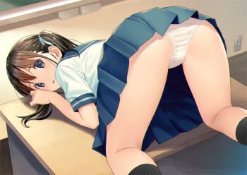 1girl all_fours ass ass_focus blue_eyes blue_ribbon blue_sailor_collar blue_skirt blush brown_hair commentary_request from_behind hair_ribbon hand_up indoors koutaro looking_at_viewer looking_back original panties parted_lips pleated_skirt ribbed_legwear ribbon sailor_collar school_uniform serafuku shirt short_sleeves skirt solo top-down_bottom-up twintails underwear white_panties white_shirt wooden_floor
