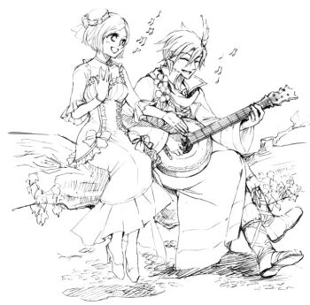 1boy 1girl banjo beamed_quavers boots bow bracelet branch choker crossed_legs flower frilled_sleeves frills graphite_(medium) greyscale hand_on_own_chest hat high_heels hobble_dress instrument instrument_request ivy jewelry kaito_(vocaloid) long_dress lovers_suicide_oblivion_(vocaloid) meiko_(lorelei)_(vocaloid) meiko_(vocaloid) meikousei mini_hat monochrome music musical_note outstretched_hand playing_instrument project_diva_(series) project_diva_extend quaver robe rose short_hair simple_background singing sitting traditional_media vocaloid white_background