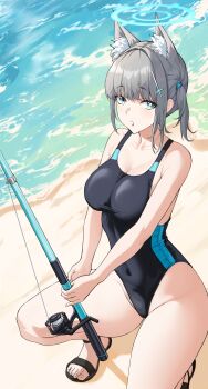 1girl absurdres aged_up animal_ear_fluff animal_ears beach black_one-piece_swimsuit blue_archive blue_eyes breasts commentary competition_swimsuit covered_navel cross_hair_ornament extra_ears fishing_rod grey_hair hair_ornament halo highres large_breasts looking_at_viewer low_ponytail medium_hair miki_inedbugs mismatched_pupils multicolored_swimsuit ocean official_alternate_costume one-piece_swimsuit ponytail shiroko_(blue_archive) shiroko_(swimsuit)_(blue_archive) solo squatting swimsuit waves wolf_ears