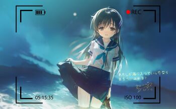 1girl absurdres battery_indicator blue_neckerchief blue_sailor_collar blue_skirt breasts brown_eyes brown_hair brown_shoes commentary_request cropped_shirt hair_ornament hairclip highres holding holding_unworn_clothes loafers long_hair looking_at_viewer midriff_peek narcissu neckerchief ocean open_mouth outdoors pleated_skirt recording sailor_collar sakura_setsumi school_uniform see-through_clothes see-through_shirt serafuku shirt shoes short_sleeves skirt skirt_hold small_breasts solo translation_request unworn_shoes viewfinder wading wet white_shirt youyueyue