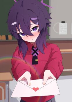 1girl blue_archive blush chalkboard classroom commentary_request confession desk hair_between_eyes hair_ornament hairclip halo haruka_(blue_archive) heart highres incoming_letter indoors lens_flare letter light_particles long_sleeves looking_at_viewer love_letter parted_lips pov purple_eyes purple_hair purple_halo red_shirt relief_07 school_desk shirt solo