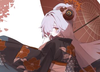 Rule 34 | 1girl, absurdres, alternate costume, alternate hairstyle, black kimono, blue archive, commentary request, floral print, floral print kimono, grey hair, hair over one eye, halo, highres, holding, holding umbrella, japanese clothes, kanoe (blue archive), kimono, long hair, looking at viewer, oil-paper umbrella, orange eyes, orange halo, petals, print kimono, rontuta6, simple background, smile, solo, tilted halo, umbrella, upper body, white background