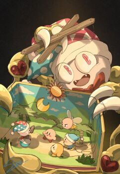 ball beachball black_background blue_hat bow bowtie bronto_burt claws fangs happy hat heart holding jester_cap kirby kirby_(series) kirby_super_star looking_at_viewer marx_(kirby) nintendo no_humans open_mouth pink_eyes polka_dot_headwear poppy_bros_jr puppet_strings red_bow red_bowtie red_hat simon_(kabo_chips) simple_background slit_pupils smile split-color_clothes traditional_bowtie triangle_print two-tone_hat waddle_dee yellow_wings