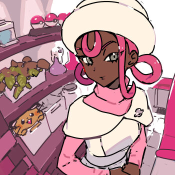 1girl dark-skinned_female dark_skin dedenne dress gen_6_pokemon grey_eyes hair_rings harurie hat highres indoors joy_(pokemon) joy_(pokemon_legends:_z-a) light_smile long_sleeves looking_at_viewer nintendo own_hands_together pink_hair pink_sweater plant poke_ball poke_ball_(basic) pokemon pokemon_(creature) pokemon_center pokemon_legends:_z-a potion_(pokemon) potted_plant shelf single_sidelock solo sweater turtleneck upper_body very_dark_skin white_dress white_hat