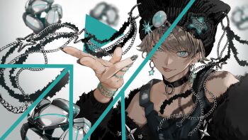 1boy bare_shoulders black_choker black_jacket black_nails black_shirt blue_eyes brown_hair chain character_request choker closed_mouth commentary_request copyright_request earrings fingernails floating floating_object fur_jacket hand_up highres jacket jewelry looking_at_viewer male_focus nail_polish sahi00000 shirt short_hair smile solo star_(symbol) star_earrings swept_bangs tongue tongue_out upper_body