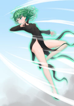 1girl absurdres anarchojs arm_up bare_legs black_dress black_shoes blue_sky breasts closed_mouth cloud collared_dress covered_navel dress floating_hair flying green_hair highres light_smile looking_to_the_side one-punch_man pelvic_curtain popped_collar shoes sky small_breasts solo tatsumaki taut_clothes taut_dress thighs