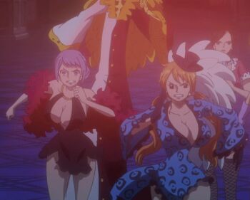 3girls alternate_costume animated animated_gif anime_screenshot bare_legs bouncing_breasts breasts carina_(one_piece) cat_tail cleavage fake_tail feather_boa huge_breasts large_breasts long_hair multiple_girls nami_(one_piece) nico_robin official_alternate_costume one_piece one_piece_film:_gold orange_hair purple_hair running short_hair tail twintails
