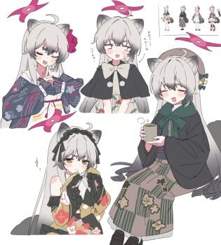 animal_ear_fluff animal_ears black_capelet blue_archive blush capelet clothing_request commentary_request grey_hair hair_between_eyes halo kuji-in long_hair michiru_(blue_archive) multiple_girls open_mouth pink_halo raccoon_ears raccoon_girl raccoon_tail reference_inset simple_background tail tama_sakura white_background yellow_eyes