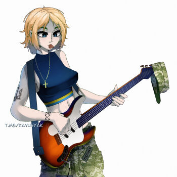 Rule 34 | 1girl, abs, absurdres, arm tattoo, blonde hair, blue eyes, blue tank top, callsign, camouflage, camouflage hat, camouflage jacket, clothes around waist, crop top, cross, cross necklace, electric guitar, funkiflame, guitar, highres, holding, holding instrument, instrument, jacket, jacket around waist, jewelry, marichka, mouth hold, music, necklace, non-web source, original, playing instrument, plectrum, plectrum in mouth, russo-ukrainian war, short hair, simple background, solo, tank top, tattoo, tryzub, ukrainian text