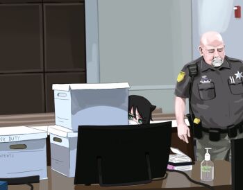 1boy 1girl bags_under_eyes bald baton_(weapon) black_hair black_shirt box darell_brooks desk english_text green_eyes hand_sanitizer hiding kuroki_tomoko kurokimoko mask monitor mouth_mask parody sheriff sheriff_badge shirt watashi_ga_motenai_no_wa_dou_kangaetemo_omaera_ga_warui! weapon