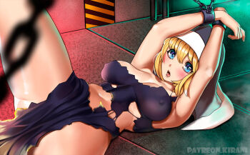 1girl bdsm blush bondage bound breasts cuffs curvy en&#039;en_no_shouboutai female_focus handcuffs indoors iris_(enen_no_shouboutai) kirani large_breasts looking_at_viewer navel nun short_hair solo stomach thick_thighs thighs veil wide_hips