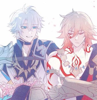 2boys antenna_hair arm_tattoo armlet armor black_choker black_coat black_shirt blonde_hair blue_cape blue_eyes braid cape chest_tattoo choker clawed_gauntlets closed_eyes coat crossed_arms earrings facial_tattoo gold_earrings gold_necklace gradient_hair honkai:_star_rail honkai_(series) jewelry male_focus medium_hair multicolored_hair multiple_boys mydei_(honkai:_star_rail) neck_tattoo necklace open_clothes open_coat ozshengrikakeyizailaiyizhangma parted_bangs pauldrons phainon_(honkai:_star_rail) red_cape red_hair red_tattoo shirt short_hair shoulder_armor side_braid simple_background single_pauldron tattoo white_background white_coat white_hair