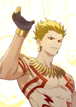 1boy abs arm_up blonde_hair body_markings commentary_request earrings fate/grand_order fate_(series) gauntlets gilgamesh_(fate) gold_earrings gold_necklace hair_slicked_back hypnr9 jewelry male_focus necklace official_alternate_costume pectorals red_eyes short_hair single_gauntlet smirk solo toned toned_male topless_male v-shaped_eyebrows