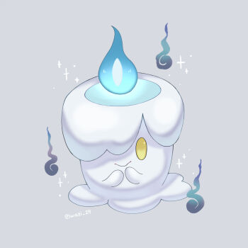 Rule 34 | alternate color, artist name, blue fire, closed mouth, commentary request, fire, gen 5 pokemon, grey background, highres, iwasi 29, litwick, nintendo, no humans, pokemon, pokemon (creature), shiny pokemon, simple background, sparkle, twitter username, yellow eyes