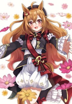 1girl ahoge beret blurry blurry_background blush breasts brown_eyes brown_hair commentary_request flower hair_between_eyes hair_ornament hat highres horse_girl medium_breasts okapun open_mouth outstretched_arms ribbon royal_family_(the_royal_family) sash solo spread_arms the_royal_family white_background