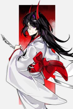 1girl acheron_(honkai:_star_rail) acheron_(izumo)_(honkai:_star_rail) asymmetrical_horns back_bow blood blood_on_face bloody_tears bow chinese_commentary closed_mouth eyeliner from_side hair_flowing_over hair_over_one_eye head_tilt highres holding holding_weapon honkai:_star_rail honkai_(series) hood_over_one_eye horns japanese_clothes katana kimono long_hair long_horns long_sleeves looking_at_viewer looking_to_the_side makeup official_alternate_costume purple_eyes purple_hair red_eyeliner red_horns red_sash sash shaded_face solo sword uneven_horns upper_body weapon white_kimono wide_sleeves xinghuidujiaoshou