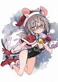 1girl absurdres alternate_costume animal_ear_fluff animal_ears bell black_leotard blush breasts capelet cleavage commentary deal360acv full_body grey_hair groin hat high_heels highres holding holding_sack leotard mouse_ears mouse_girl mouse_tail nazrin red_capelet red_eyes red_hat red_shoes sack santa_hat shoes short_hair small_breasts snow snowflakes solo sunglasses sweat tail touhou