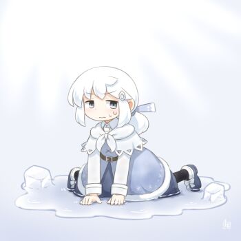 1girl all_fours artist_logo black_socks blue_jacket blue_shoes blue_skirt bow bow_legwear capelet commentary_request crystal_hair_ornament fur-trimmed_jacket fur_trim gradient_background grey_background grey_eyes hair_bow ice ice_cube jacket kitagawa_suigetsu logo low_ponytail lumiricca_(kitagawa_suigetsu) original ponytail shirt shoes skirt socks solo sweatdrop wavy_mouth wet wet_clothes wet_skirt white_background white_bow white_capelet white_hair white_shirt
