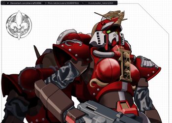 2girls absurdres adepta_sororitas armor artist_logo artist_name boobplate breastplate brown_armor commentary crossover deviantart_logo deviantart_username english_commentary figurehead_(boat) fleur-de-lis fusion g_gundam green_eyes grid_background gun gundam highres holding holding_gun holding_weapon humanoid_robot joints logo mecha mobile_suit multicolored_armor multiple_girls no_humans nobel_gundam ornate_armor outside_border pixiv_logo pixiv_username red_armor rivets robot robot_girl robot_joints science_fiction shoulder_armor skull skull_ornament tube twitter_username twitter_x_logo upper_body warhammer_40k watermark watermelonsfw weapon web_address white_armor