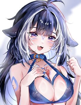 1girl ahoge animal_ears between_breasts bikini blue_bikini blue_collar blue_hair blue_nails body_markings breasts cat_ears center-flap_bangs cleavage collar collarbone commentary double-parted_bangs english_commentary facial_mark fang fingernails hand_on_own_chest heart heart_in_eye highres indie_virtual_youtuber large_breasts long_hair looking_at_viewer multicolored_hair nail_polish open_mouth purple_eyes sharkyyuna shylily shylily_(bikini) smile solo streaked_hair swimsuit symbol_in_eye upper_body virtual_youtuber white_background white_hair