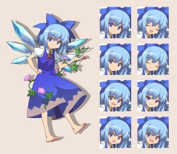 >:( 1girl 4rion :d :o absurdres barefoot blue_bow blue_dress blue_eyes blue_hair blush bow cirno closed_eyes closed_mouth collared_shirt commentary_request dress drop_shadow flower frilled_sleeves frills full_body hair_bow hand_on_own_hip hidden_star_in_four_seasons highres ice ice_wings leaf looking_at_viewer morning_glory multiple_expressions nose_blush open_mouth pinafore_dress plant puffy_short_sleeves puffy_sleeves red_ribbon ribbon shirt short_hair short_sleeves simple_background sleeveless sleeveless_dress small_sweatdrop smile solo sunflower tachi-e tearing_up touhou v-shaped_eyebrows vines wings