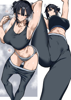 1girl black_hair flexible kyoyakyo pants split sports_bra standing standing_on_one_leg standing_split sweat sweatdrop sweatpants tagme