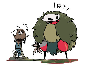 1boy 1other ant_boy arthropod_boy booby_trap commentary_request extra_arms fuifui gurr_the_outcast_(hollow_knight) holding holding_weapon hollow_eyes hollow_knight hollow_knight:_silksong horned_mask mask mask_on_head multiple_legs thread_raker_(hollow_knight) translation_request weapon